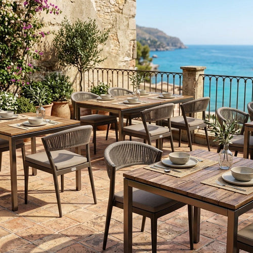 Roberti Olivento outdoor dining chairs and tables on a Mediterranean terrace