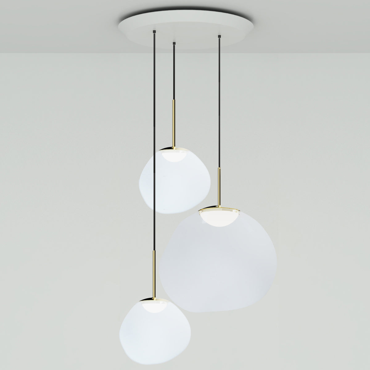 Tom Dixon Melt Opal Trio-Round Pendant System with gold hardware, official white-background configuration view