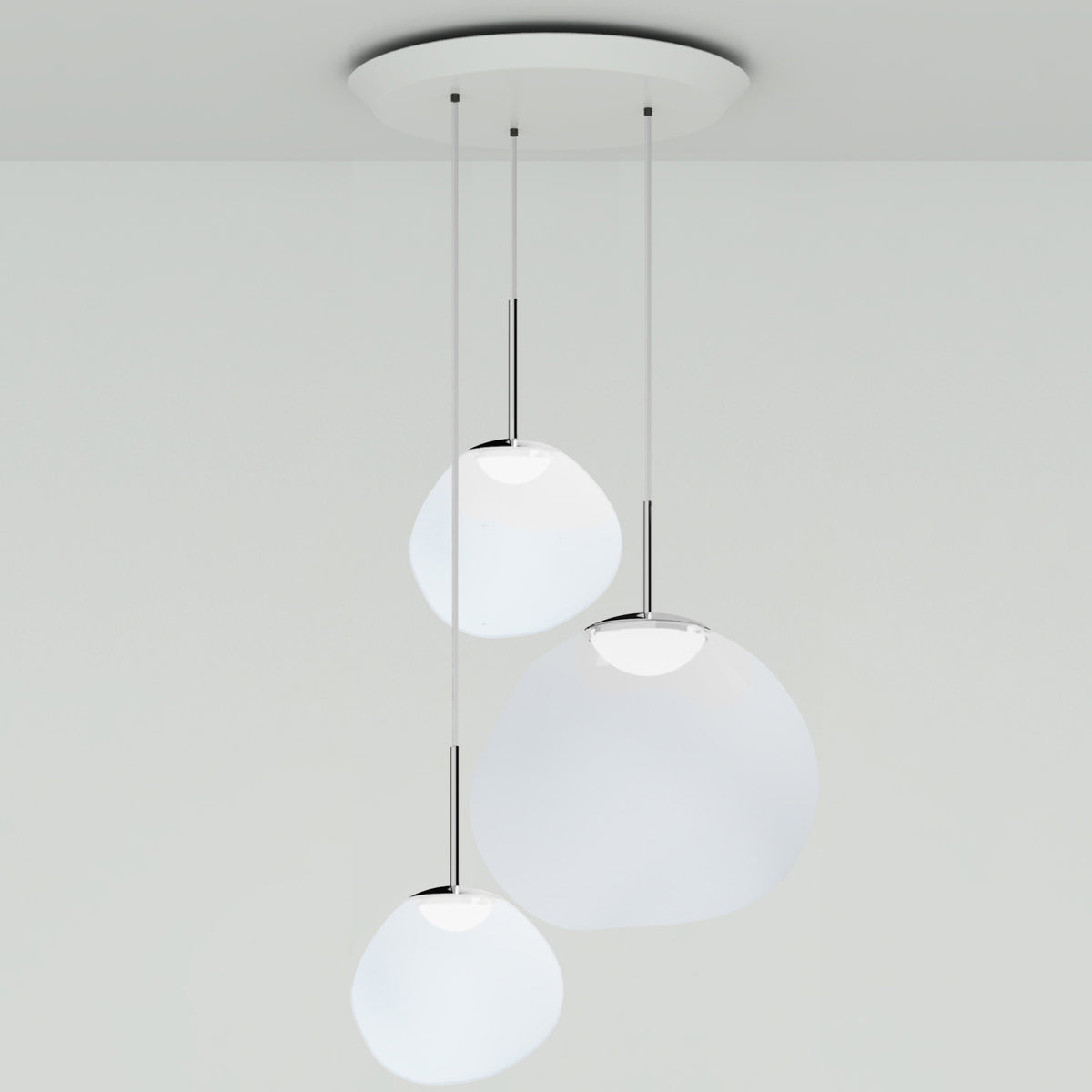 Tom Dixon Melt Opal Trio-Round Pendant System with silver hardware, official white-background configuration view