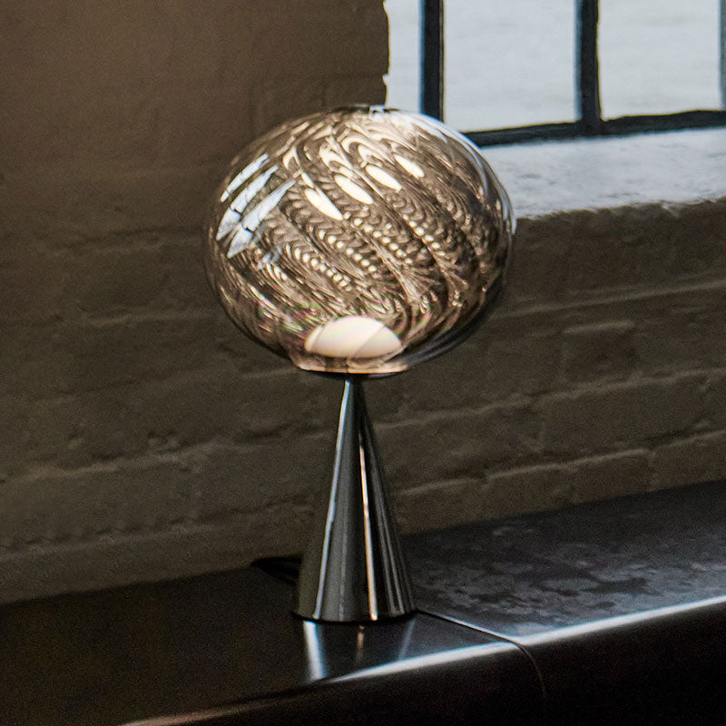 Tom Dixon Whirl Table Light in silver polished polycarbonate with silver hardware, official white-background view