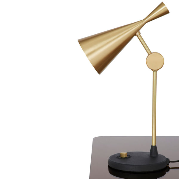 Tom Dixon Flash table in brass with Beat Table Light, side view
