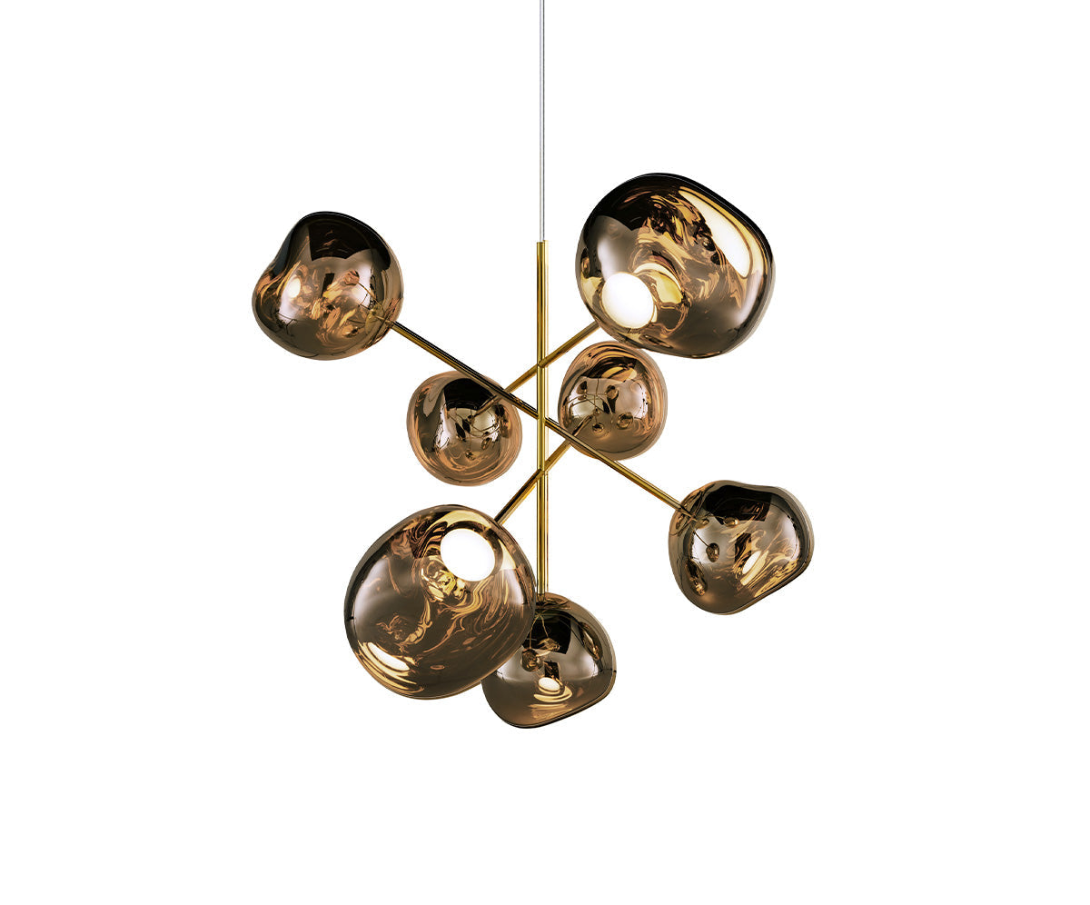 Tom Dixon Melt Large Chandelier in bronze, illuminated on a white background
