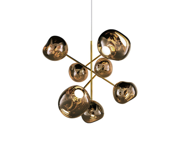 Tom Dixon Melt Large Chandelier in bronze, illuminated on a white background