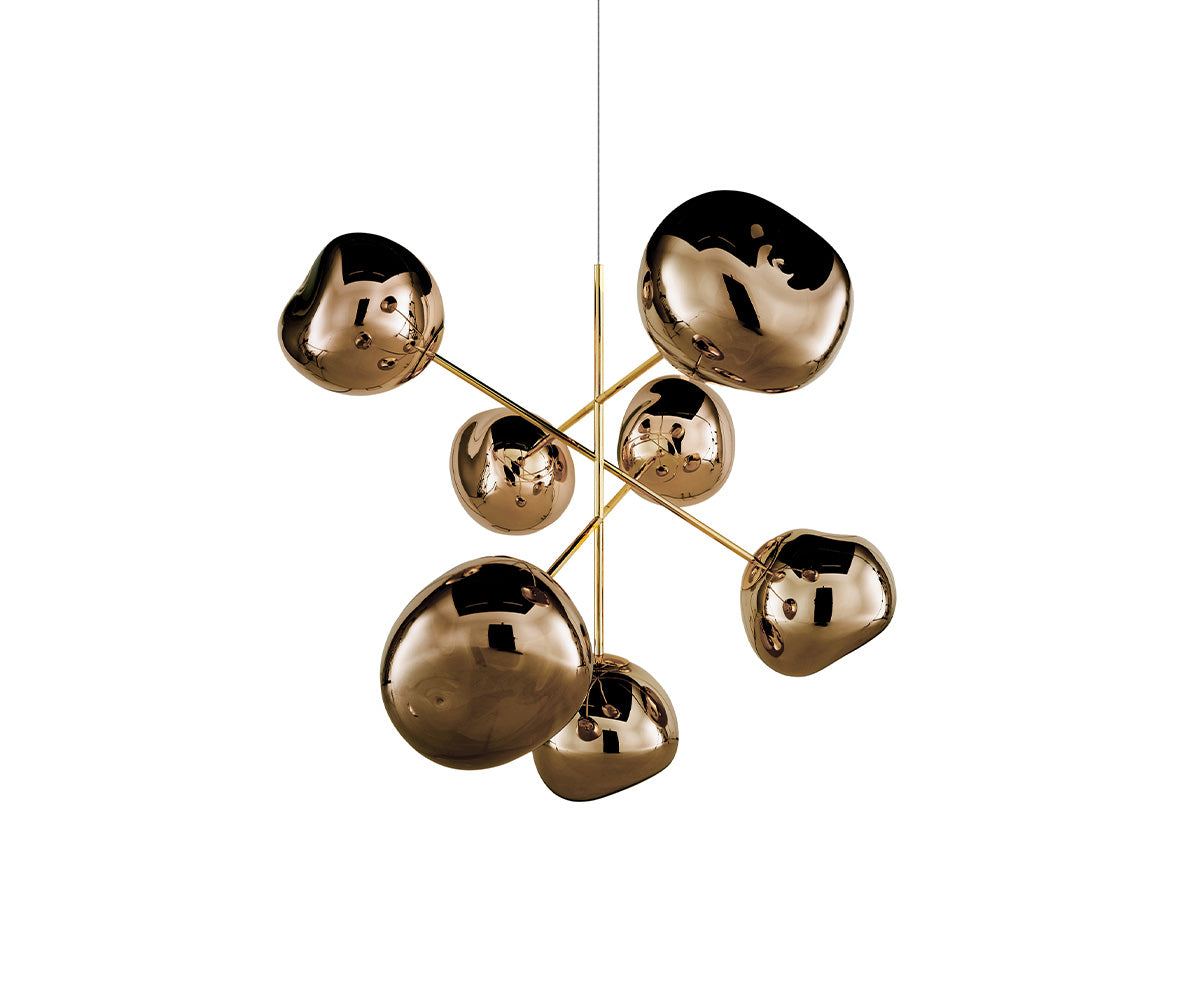 Tom Dixon Melt Large Chandelier in bronze, switched off on a white background