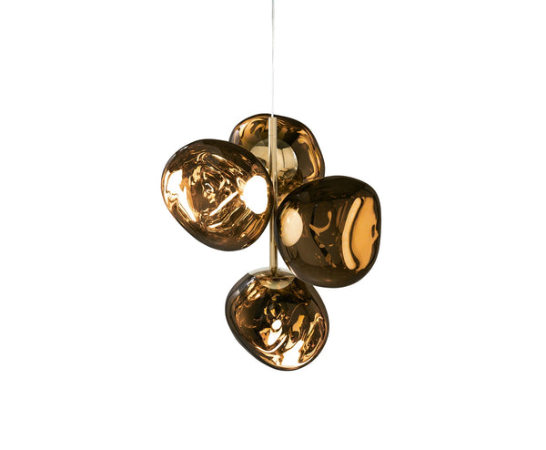 Tom Dixon Melt Mini Chandelier in bronze, illuminated on a white background