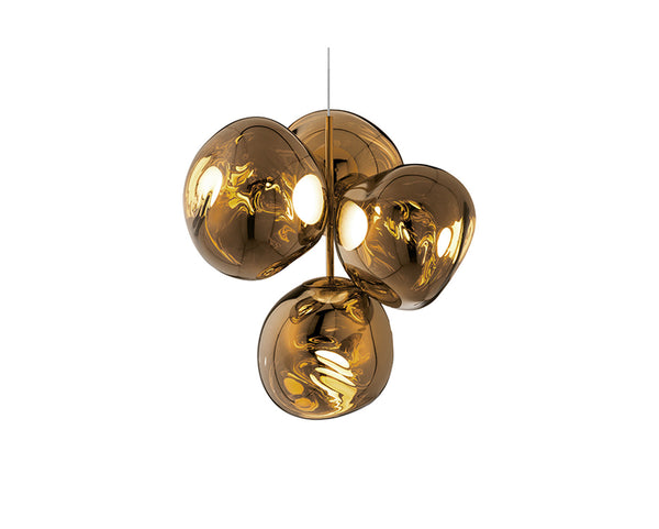 Tom Dixon Melt Small Chandelier in bronze, illuminated on a white background