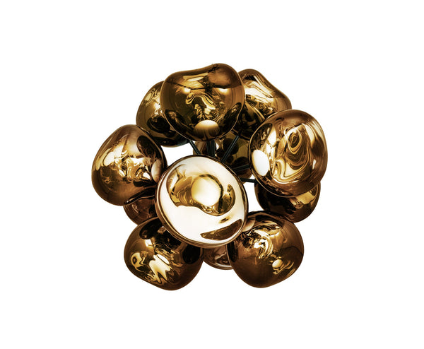 Tom Dixon Melt Burst Chandelier in bronze, illuminated front view on white