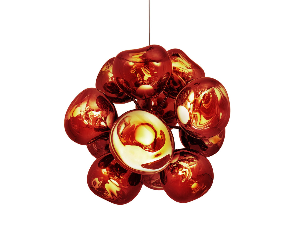 Tom Dixon Melt Burst Chandelier in copper, illuminated front view on white