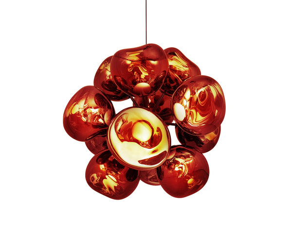 Tom Dixon Melt Burst Chandelier in copper, illuminated front view on white
