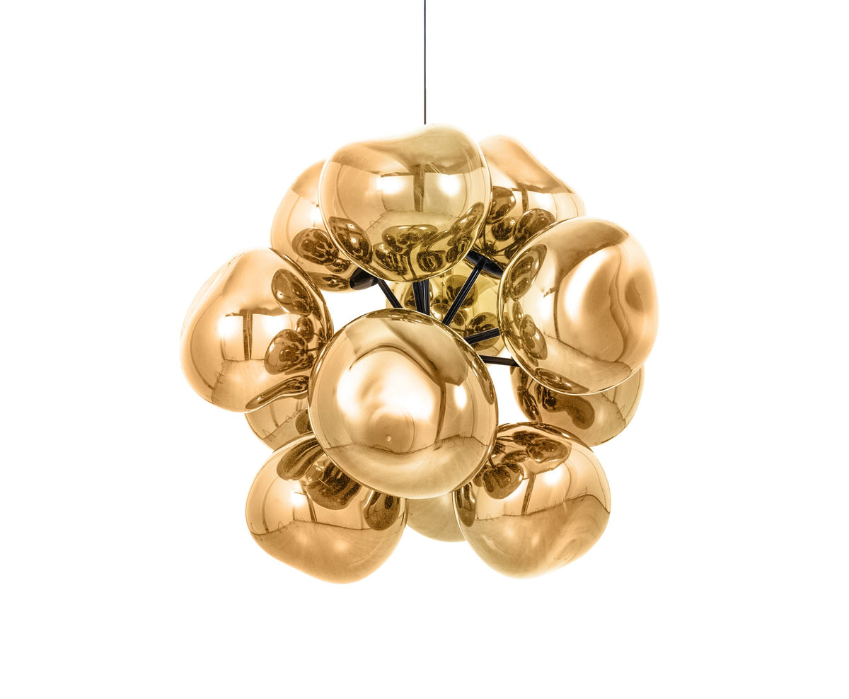 Tom Dixon Melt Burst Chandelier in gold, switched-off front view on white