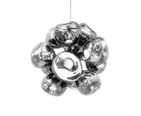 Tom Dixon Melt Burst Chandelier in silver, illuminated front view on white