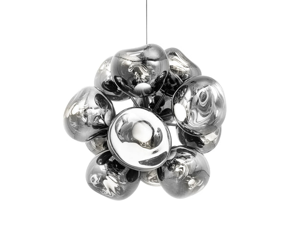 Tom Dixon Melt Burst Chandelier in silver, illuminated front view on white