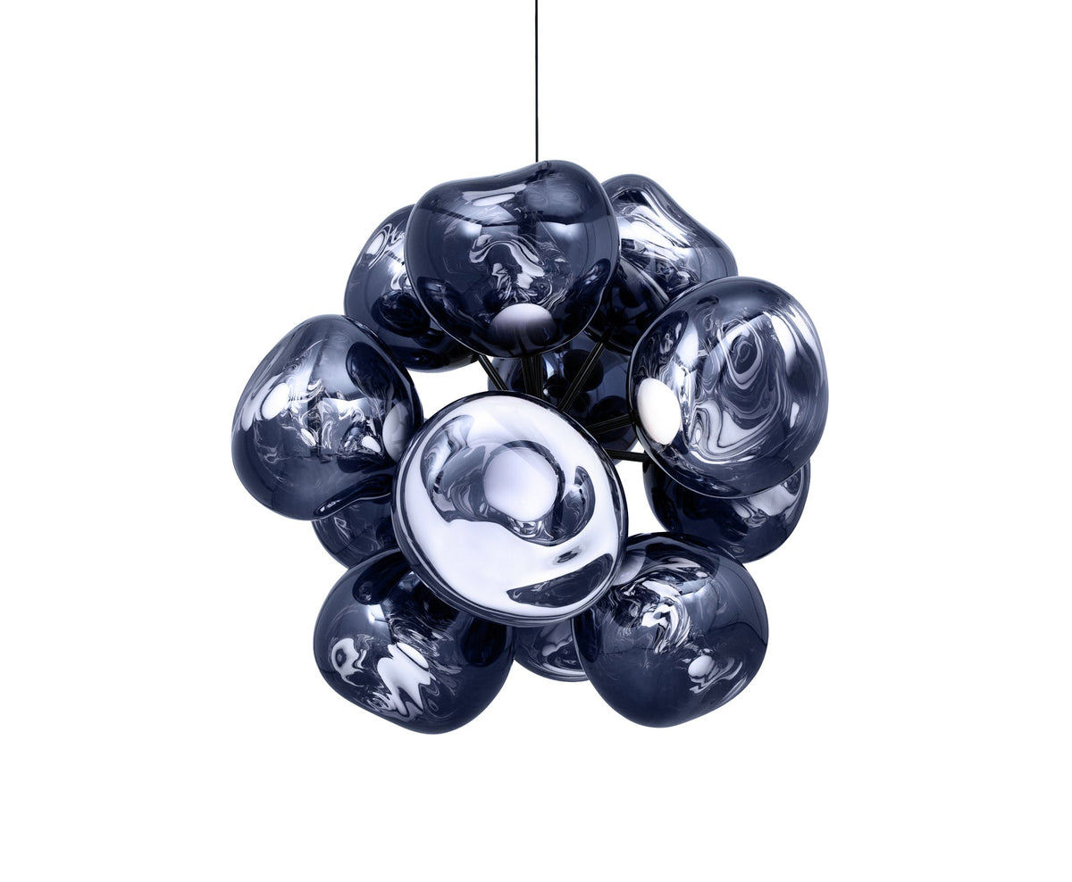 Tom Dixon Melt Burst Chandelier in smoke, illuminated front view on white
