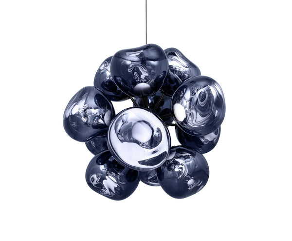 Tom Dixon Melt Burst Chandelier in smoke, illuminated front view on white