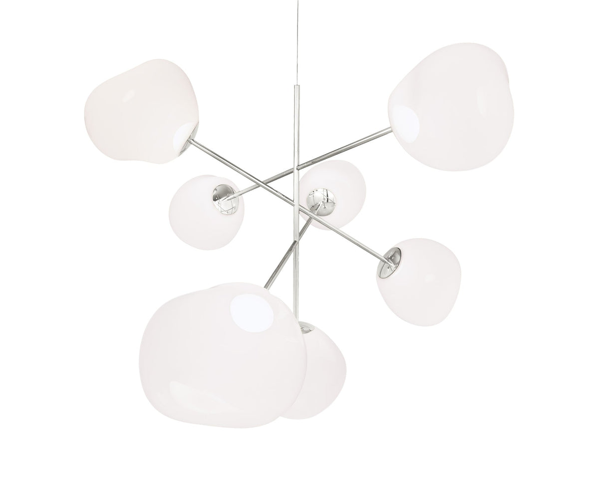 Tom Dixon Melt Opal Large Chandelier with silver hardware, illuminated front view