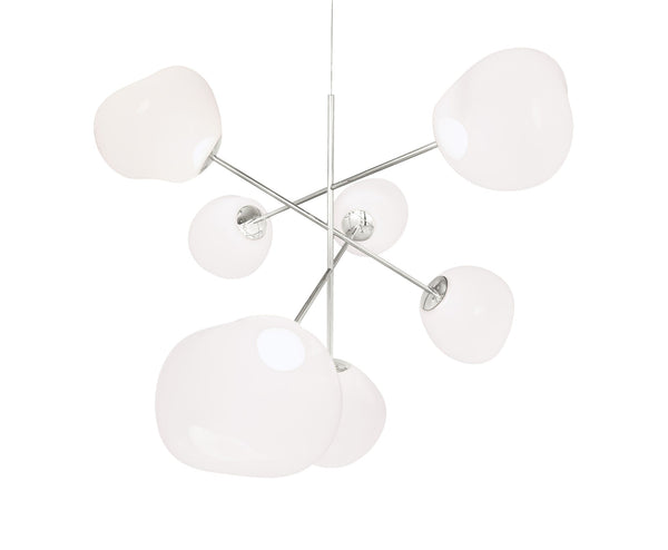Tom Dixon Melt Opal Large Chandelier with silver hardware, illuminated front view