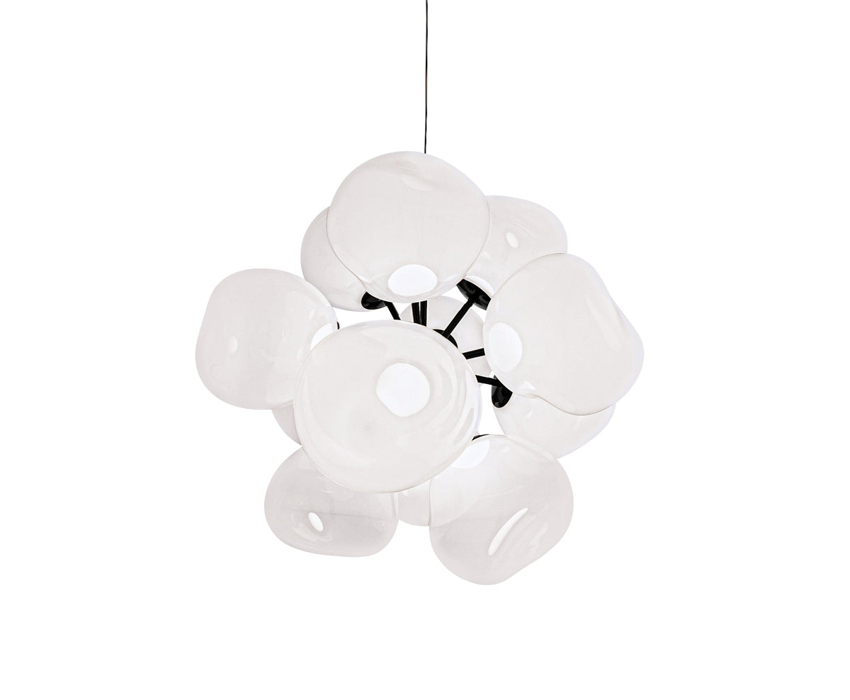 Tom Dixon Melt Burst Chandelier in opal, illuminated front view on white