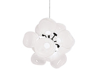 Tom Dixon Melt Burst Chandelier in opal, illuminated front view on white