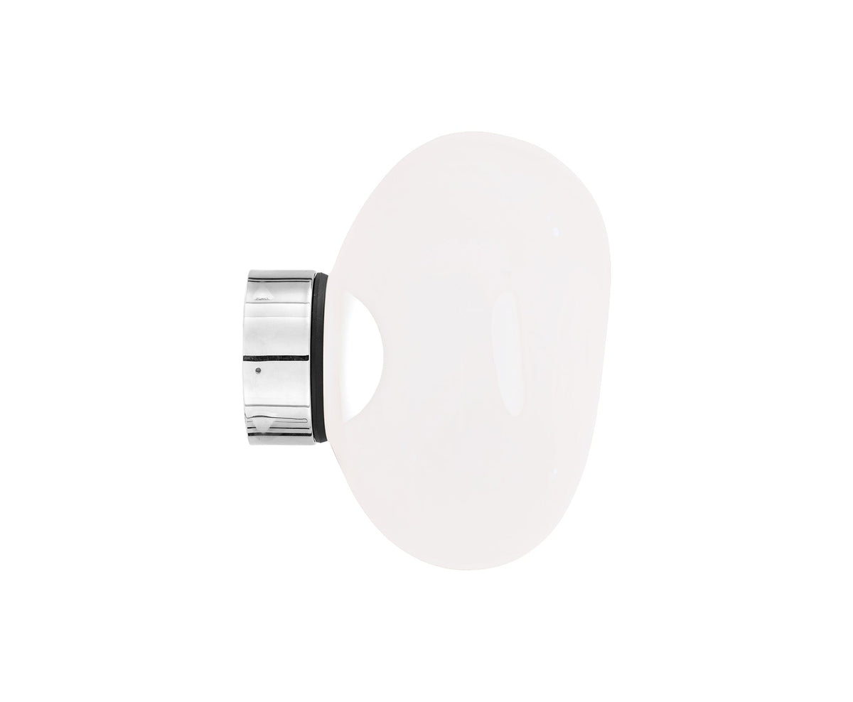 Tom Dixon Melt Mini Surface Light in opal with silver hardware, front view illuminated