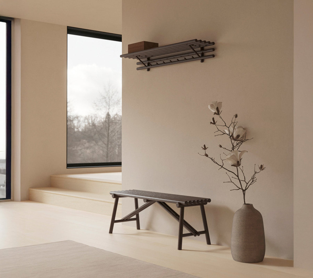Sticks coat rack with indoor bench