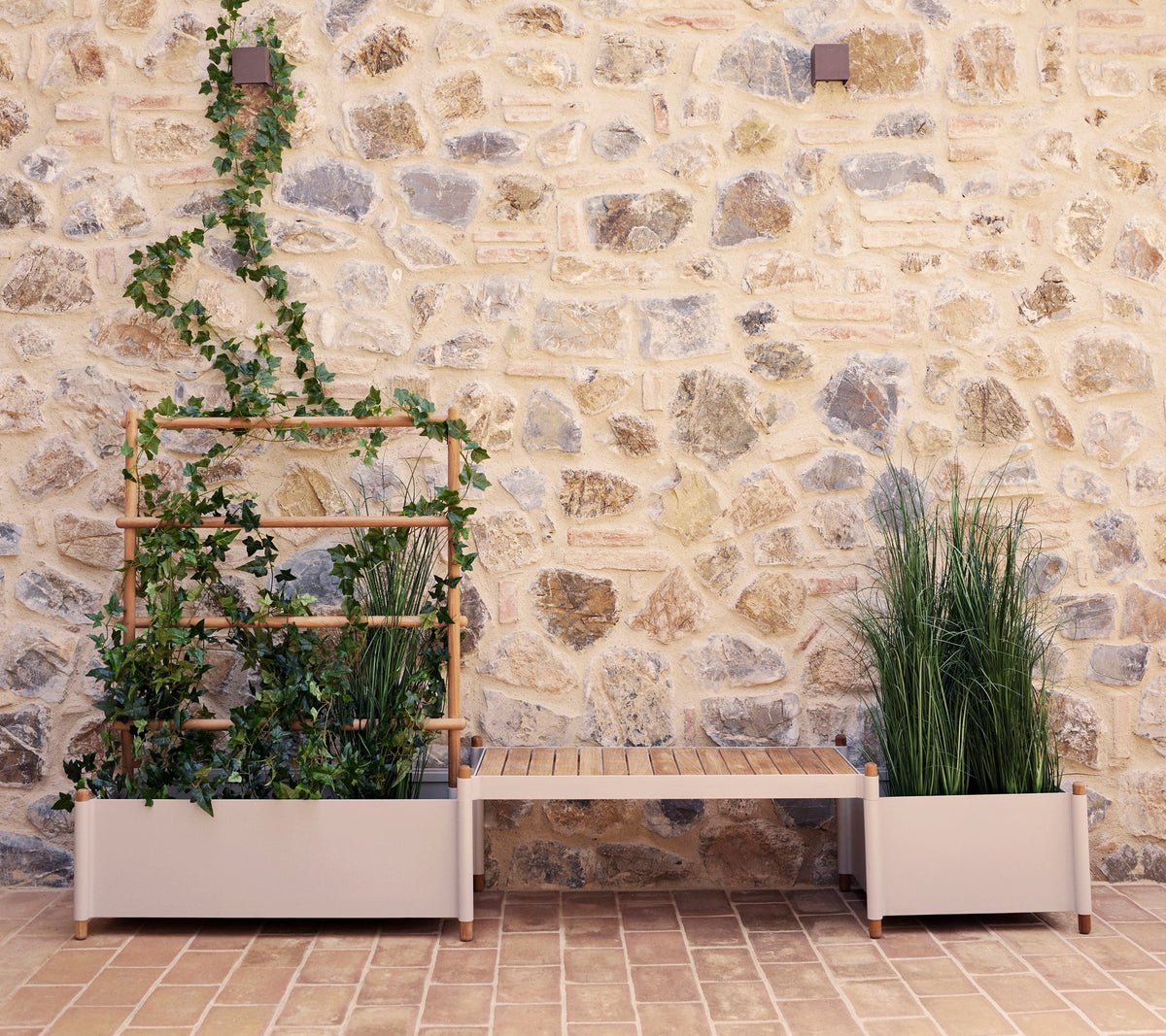 Sticks bench with planter outdoors