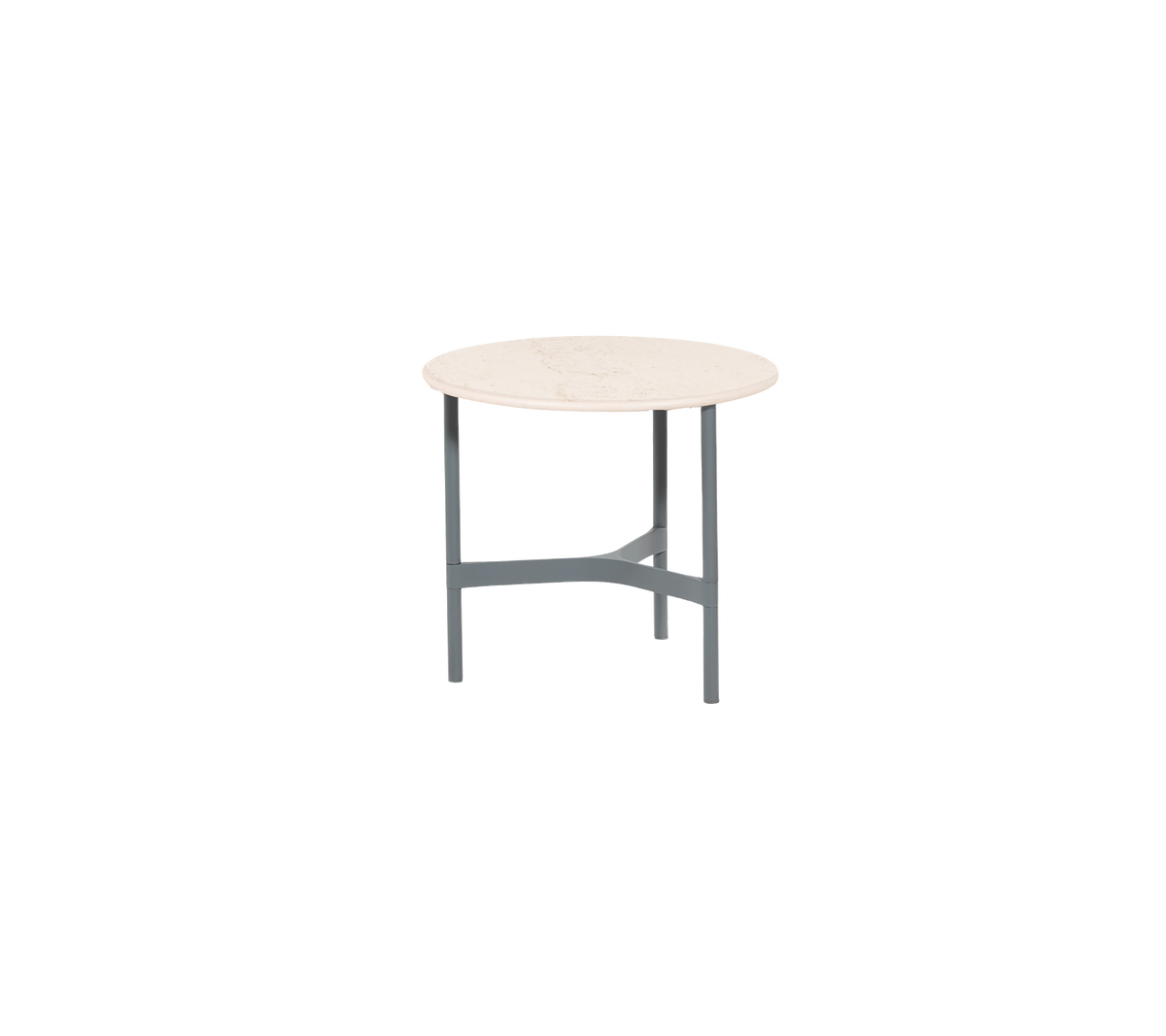 Twist Coffee Table Small with light grey aluminum base and travertine look ceramic top