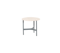 Twist Coffee Table Small with light grey aluminum base and travertine look ceramic top