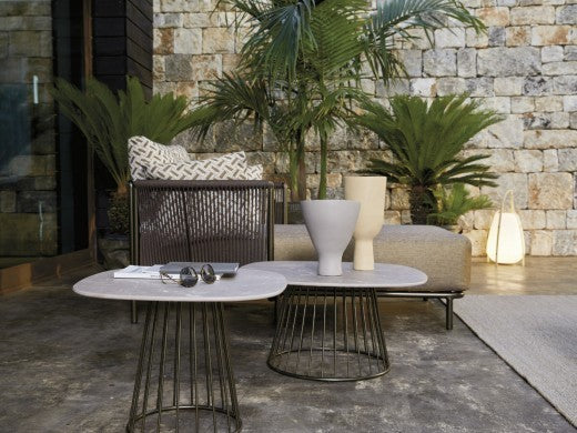 Roberti Charme Small and Large HPL coffee tables in bronze with Marble Nut tops