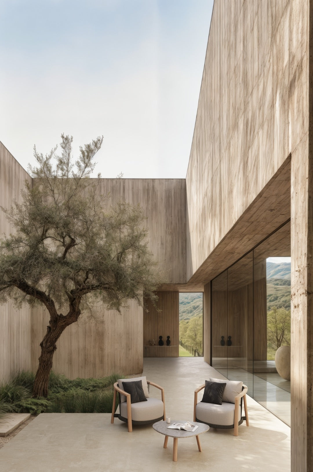 Lenis outdoor lounge chairs and coffee table by SKLD Studio in a modern courtyard