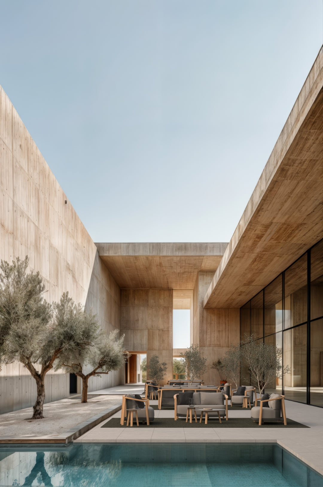Lenis outdoor furniture collection by SKLD Studio beside a modern pool