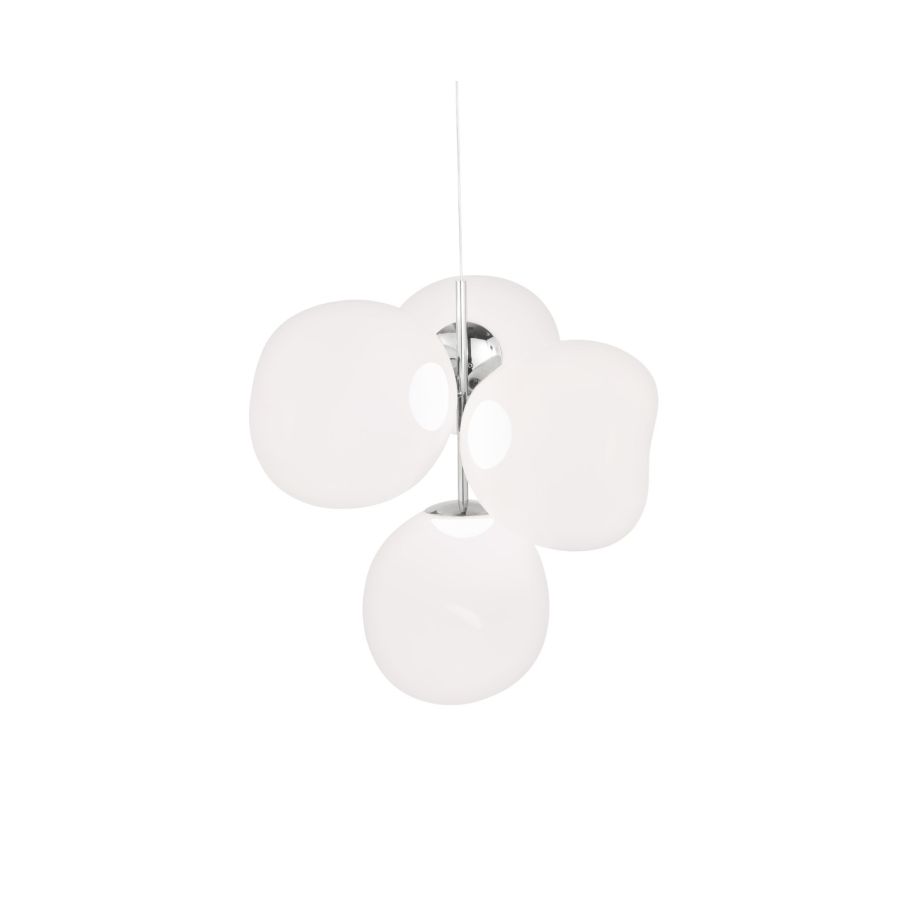 Tom Dixon Melt Small Chandelier in opal with silver hardware, illuminated front view