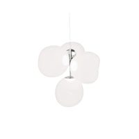 Tom Dixon Melt Small Chandelier in opal with silver hardware, illuminated front view