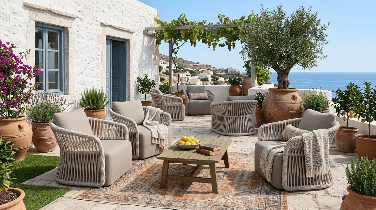 Roberti Altomare outdoor furniture in a Mediterranean terrace lounge setting