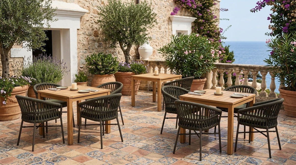 Roberti Altomare outdoor dining furniture on a Mediterranean terrace