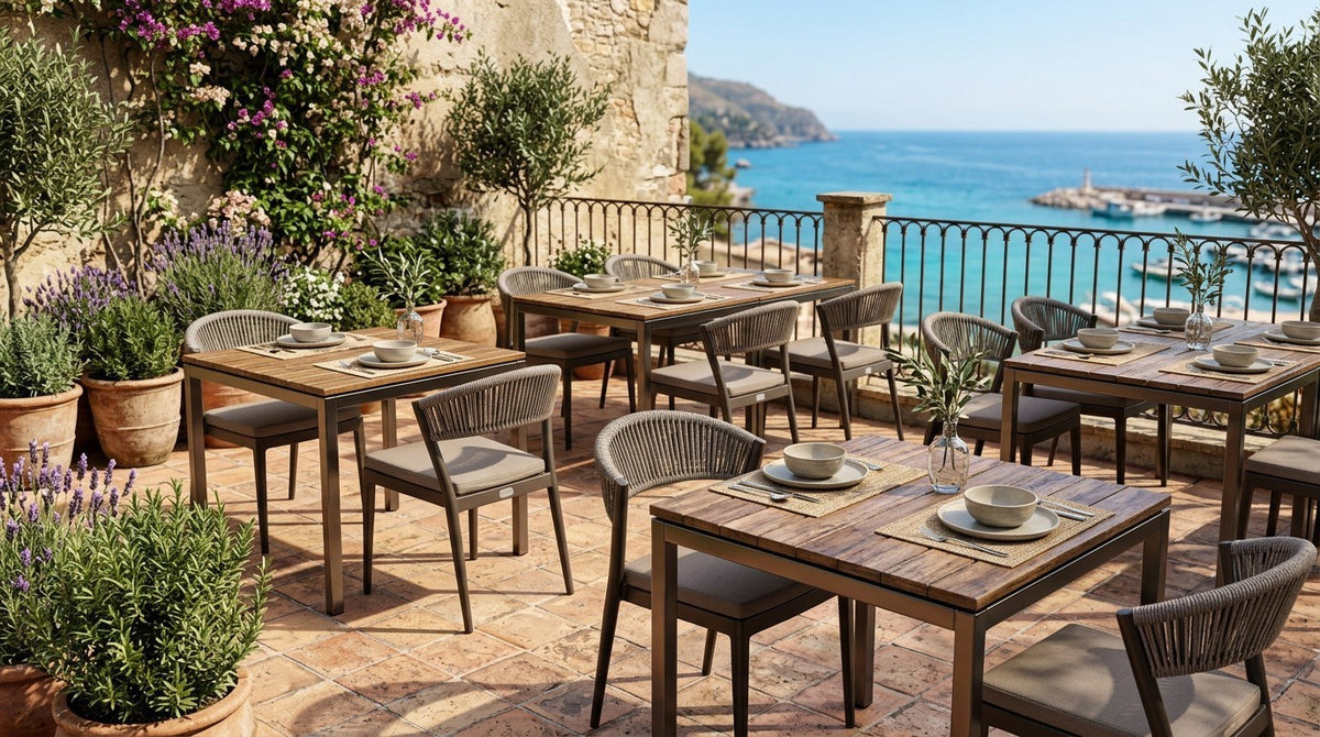 Roberti Olivento dining seating on a Mediterranean terrace