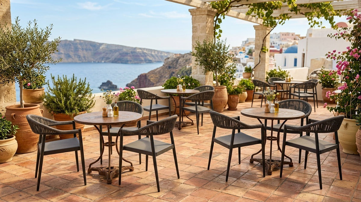 Roberti Olivento Armchairs around outdoor cafe tables
