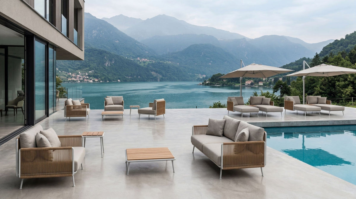 Roberti Venetian Chaise Longue on a lakefront pool terrace