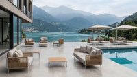 Roberti Venetian Lounge Chair on a lakefront pool terrace