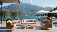 Roberti Venetian Lounge Chair overlooking a lake and mountains