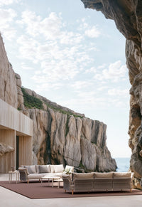 Tempo outdoor sofa and coffee table lifestyle image by SKLD Studio, designed by La Mamba Studio