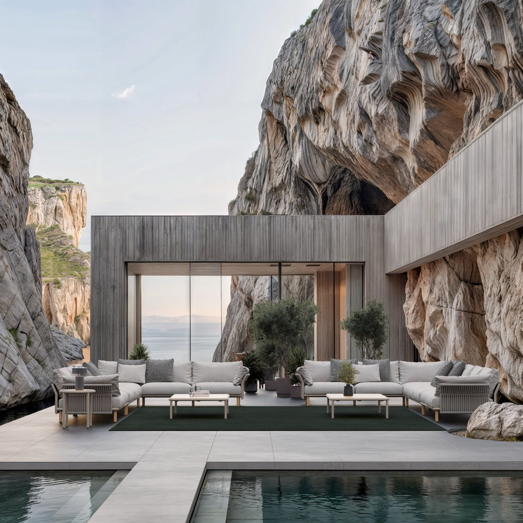Tempo outdoor sectional sofa lifestyle image by SKLD Studio, designed by La Mamba Studio