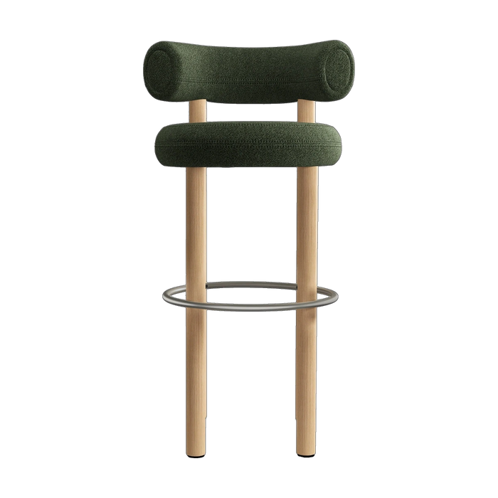 Fat Bar Stool Brushed Natural Wood and Forest Alpine Boucle