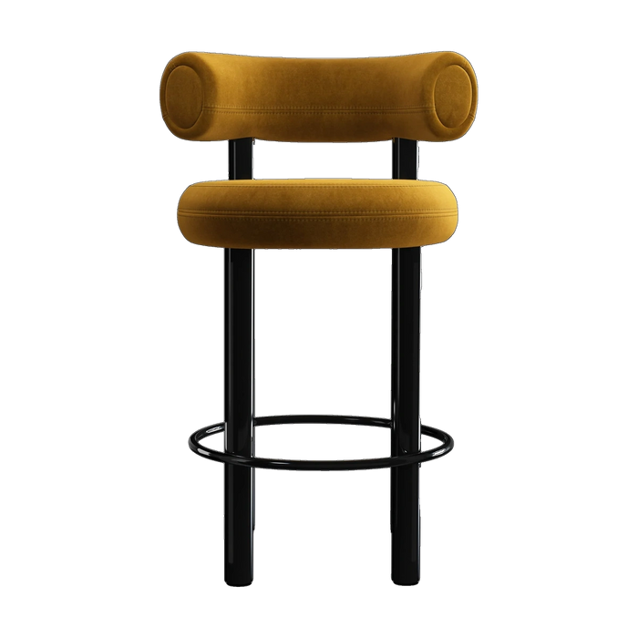 Fat Counter Stool Polished Black Steel and Gold Royal Velvet