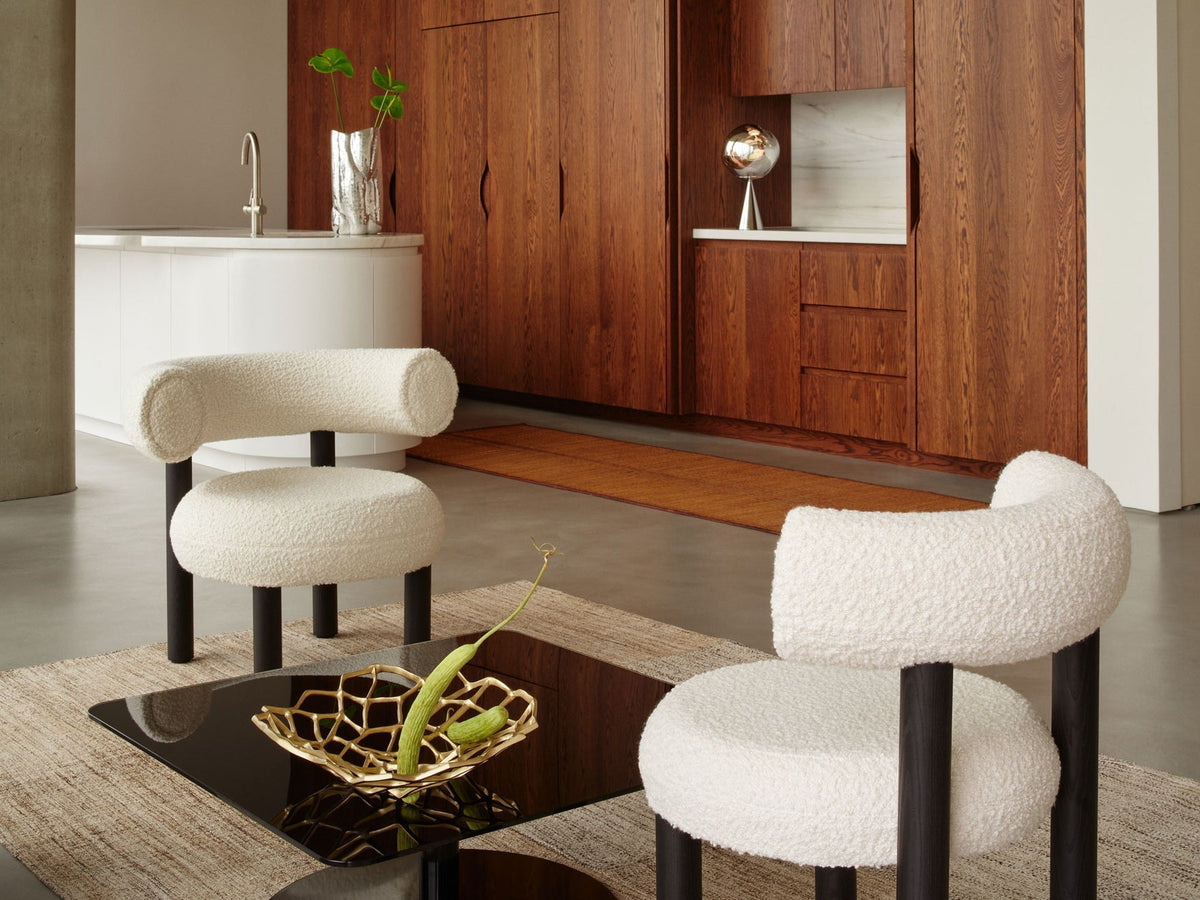 Tom Dixon Fat Bar Stool Brushed Natural Wood and Forest Alpine Boucle lifestyle image 5