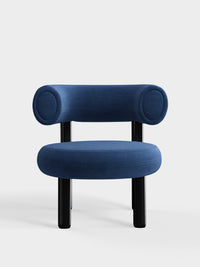 Fat Lounge Chair Polished Black Steel Indigo Linara Linen