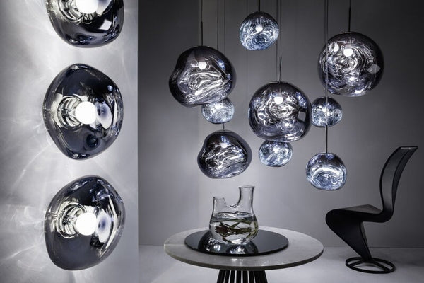 Tom Dixon Melt Medium Surface Light in smoke with pendant, illuminated interior installation