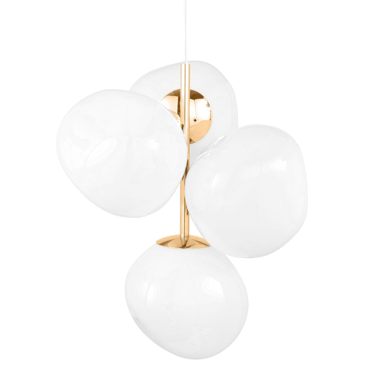 Tom Dixon Melt Mini Chandelier in opal with gold hardware, illuminated