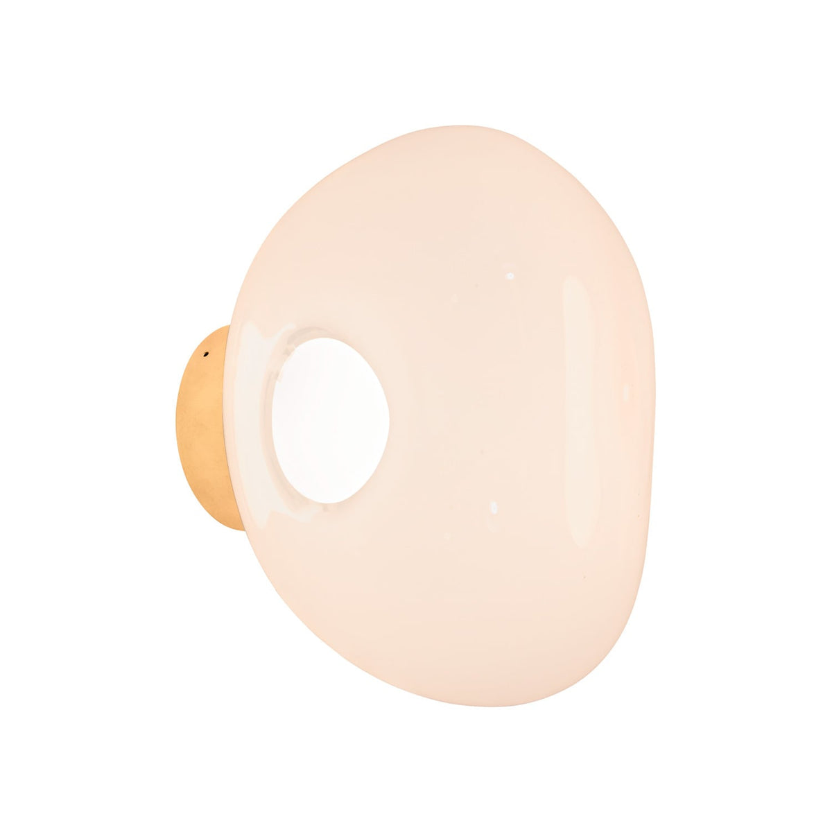 Tom Dixon Melt Mini Surface Light, opal with gold hardware, angled illuminated 2700K view
