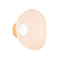 Tom Dixon Melt Mini Surface Light, opal with gold hardware, angled illuminated 2700K view