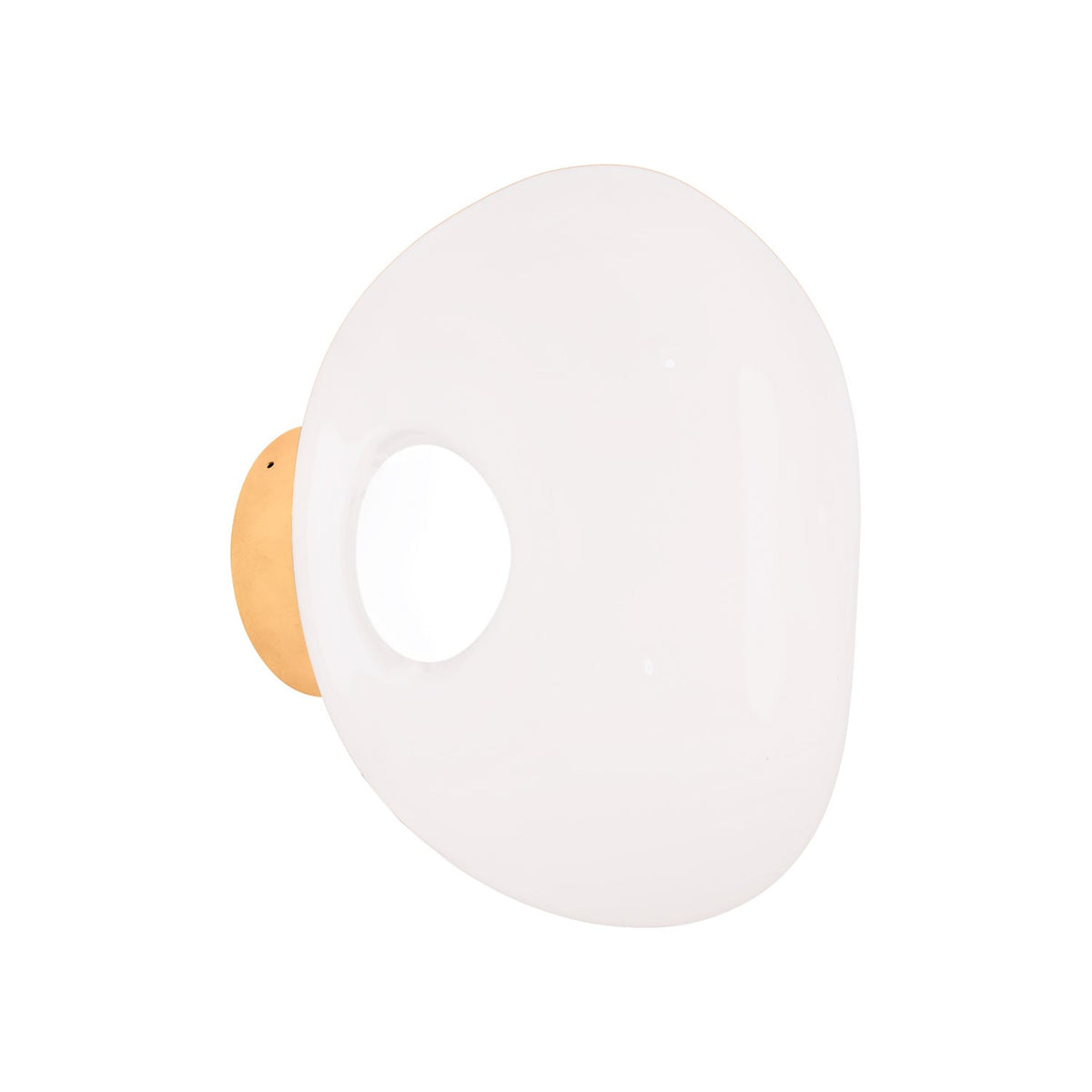 Tom Dixon Melt Mini Surface Light, opal with gold hardware, angled illuminated 3000K view